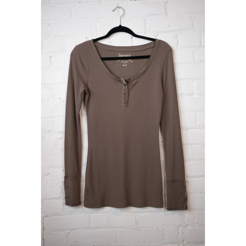 Decree Brown Waffle Knit Henley Top Long Sleeve Velvet Lace Trim Cuffs Large
